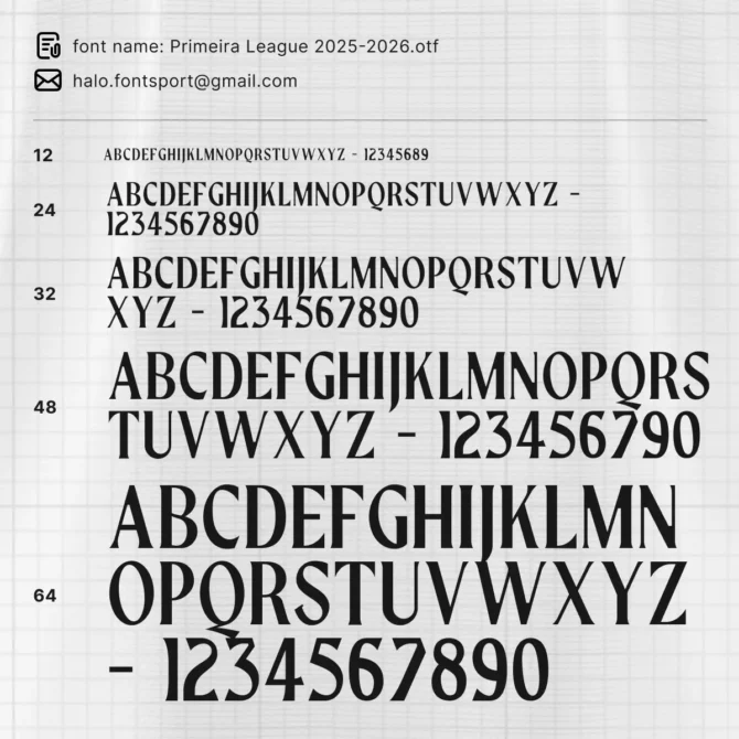 Primeira league 2025/2026 Font Kit specimen sheet preview – full alphabet, numbers, and typeface variations for Primera División jerseys