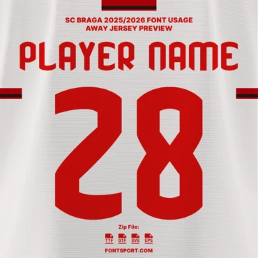 SC Braga 2025/2026 away jersey font kit preview with red lettering for player name and number 28