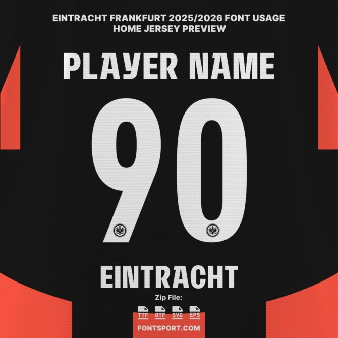 Eintracht Frankfrut 2025/2026 Home Jersey Font Kit with patterned number design on official Black and Red stripe jersey – authentic Bundesliga typeface