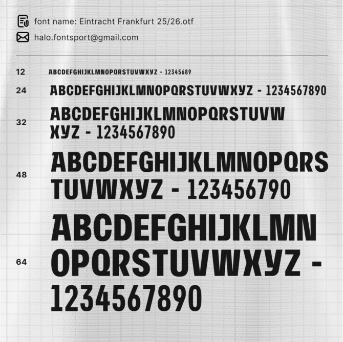 Eintracht Frankfrut 2025/2026 Bundesliga jersey typeface sample preview in different sizes with OTF and TTF font files.