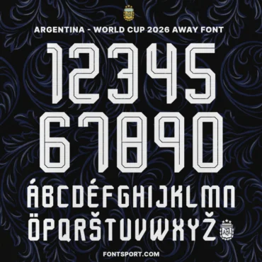 Argentina World Cup 2026 Away Font – Full Alphabet and Number Design with AFA Crest on Dark Pattern Background