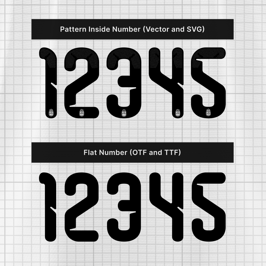 Argentina 2026 Font Comparison – Patterned Vector Version and Flat OTF/TTF Numbers