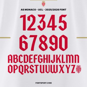 AS Monaco UCL 2025/2026 Font Kit full alphabet and numbers preview with unique patterned typeface for UEFA Champion League jerseys