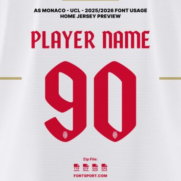 AS Monaco UCL 2025/2026 Home Jersey Font Kit with patterned number design on official light gold stripe and white jersey – authentic UEFA Champion League typeface