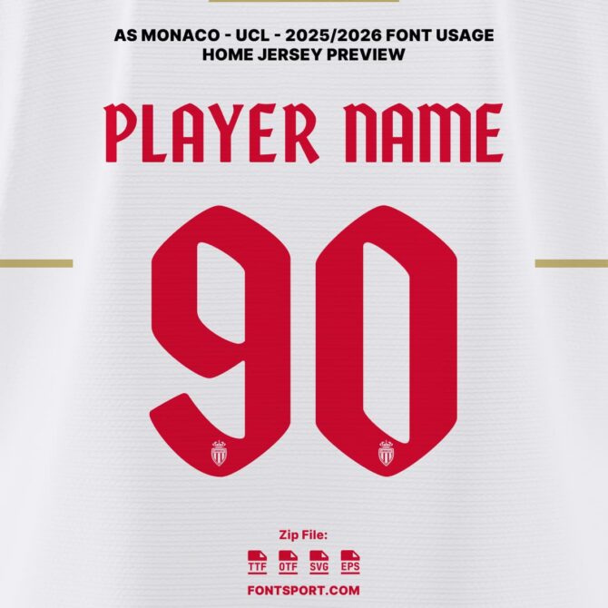AS Monaco UCL 2025/2026 Home Jersey Font Kit with patterned number design on official light gold stripe and white jersey – authentic UEFA Champion League typeface