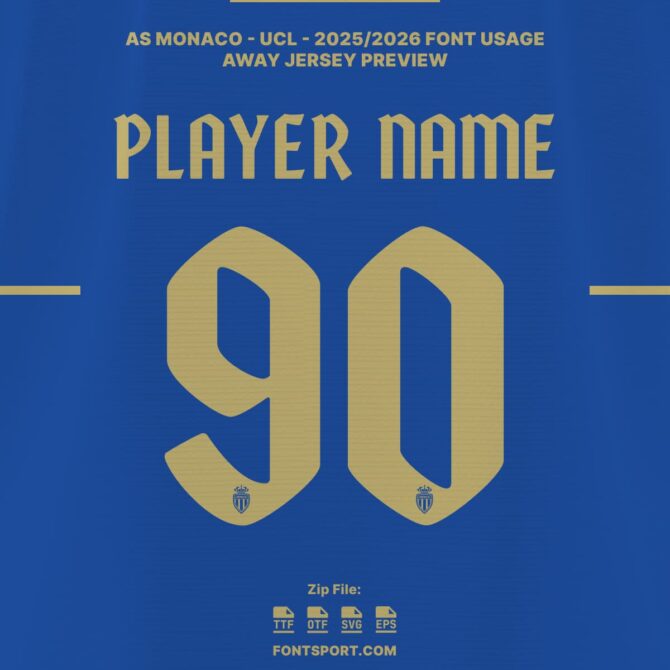 AS Monaco UCL 2025/2026 Away Jersey Font Kit with patterned number design on official light gold stripe and blue jersey – authentic UEFA Champion League typeface