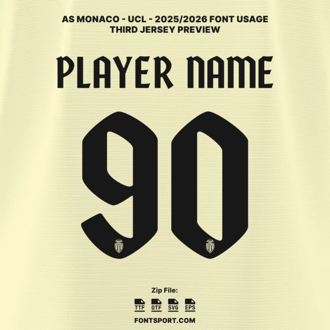 AS Monaco UCL 2025/2026 Away Jersey Font Kit with patterned number design on official light cream jersey – authentic UEFA Champion League typeface