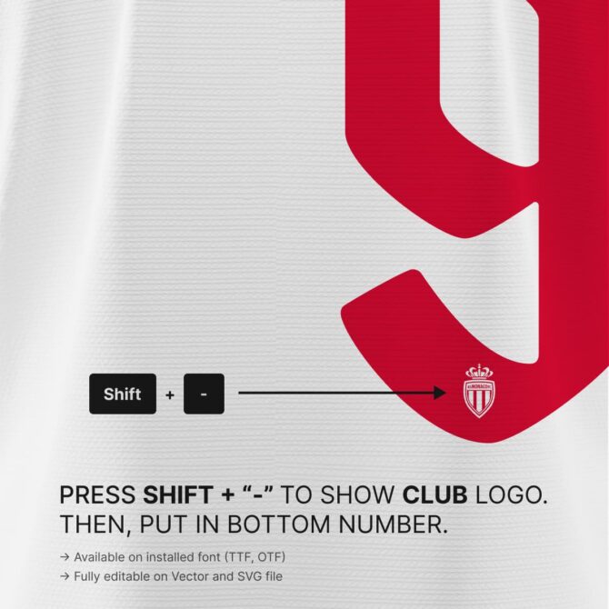 AS Monaco UCL 2025/2026 Font Kit with embedded club crest logo detail on patterned jersey numbers – SVG and Vector format