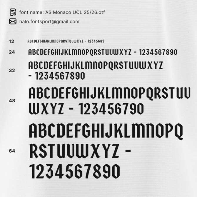 AS Monaco UCL 2025/2026 UEFA Champion League jersey typeface sample preview in different sizes with OTF and TTF font files.