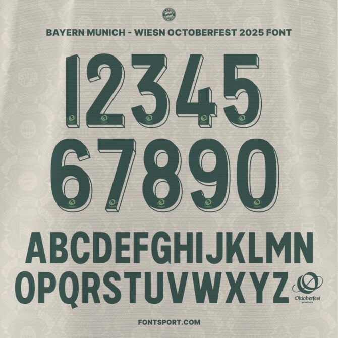 Bayern Munich Weisn Oktoberfest Jersey 2025 Font Kit full alphabet and numbers preview with unique patterned typeface for Bundesliga jerseys