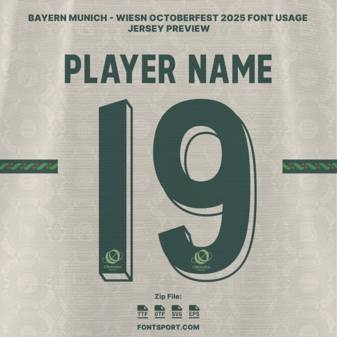 Bayern Munich Wiesn Oktoberfest 2025 Jersey Font Kit with patterned number design on official Cream and Green jersey – authentic Bundesliga typeface