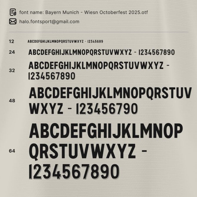 Bayern Munich Wiesn Oktoberfest 2025 Bundesliga jersey typeface sample preview in different sizes with OTF and TTF font files.