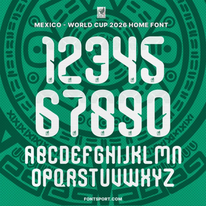 Mexico 2026 World Cup Home Font full alphabet and numbers – official Mexico national team typeface featuring Aztec-inspired geometric design.