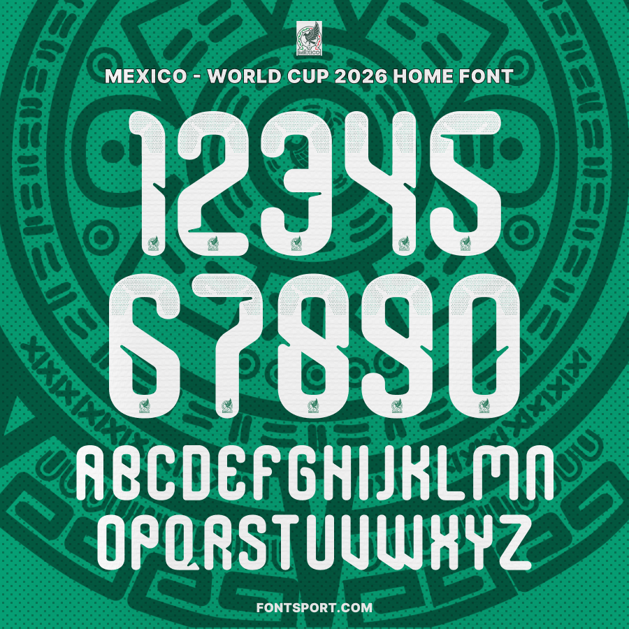 Mexico 2026 World Cup Home Font full alphabet and numbers – official Mexico national team typeface featuring Aztec-inspired geometric design.