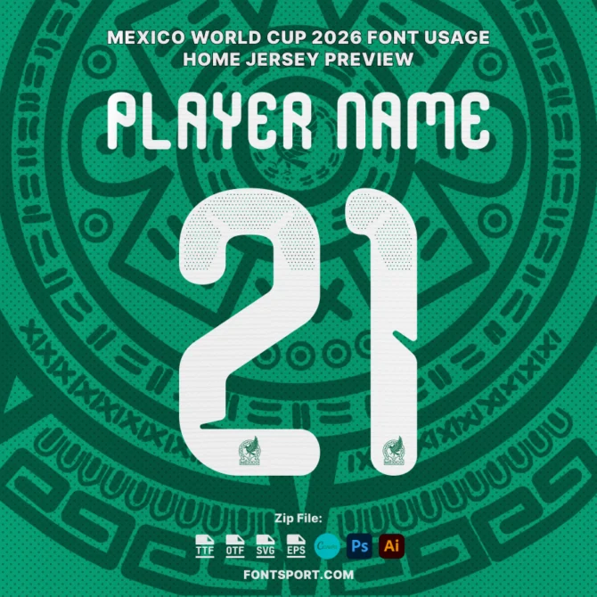 Mexico World Cup 2026 Home Jersey Font preview – player name and number design showcasing official typeface used on national team kits.