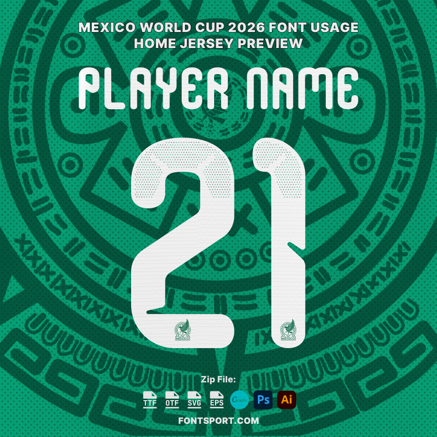 Mexico World Cup 2026 Home Jersey Font preview – player name and number design showcasing official typeface used on national team kits.