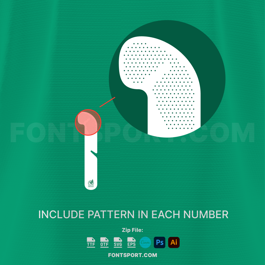 Close-up detail of Mexico 2026 World Cup Font – includes dotted pattern texture in each number for authentic jersey appearance.
