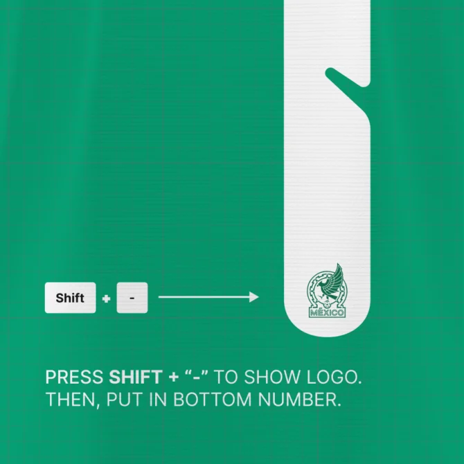 Mexico 2026 Font logo feature – press Shift and hyphen to display official crest at the bottom of jersey numbers.