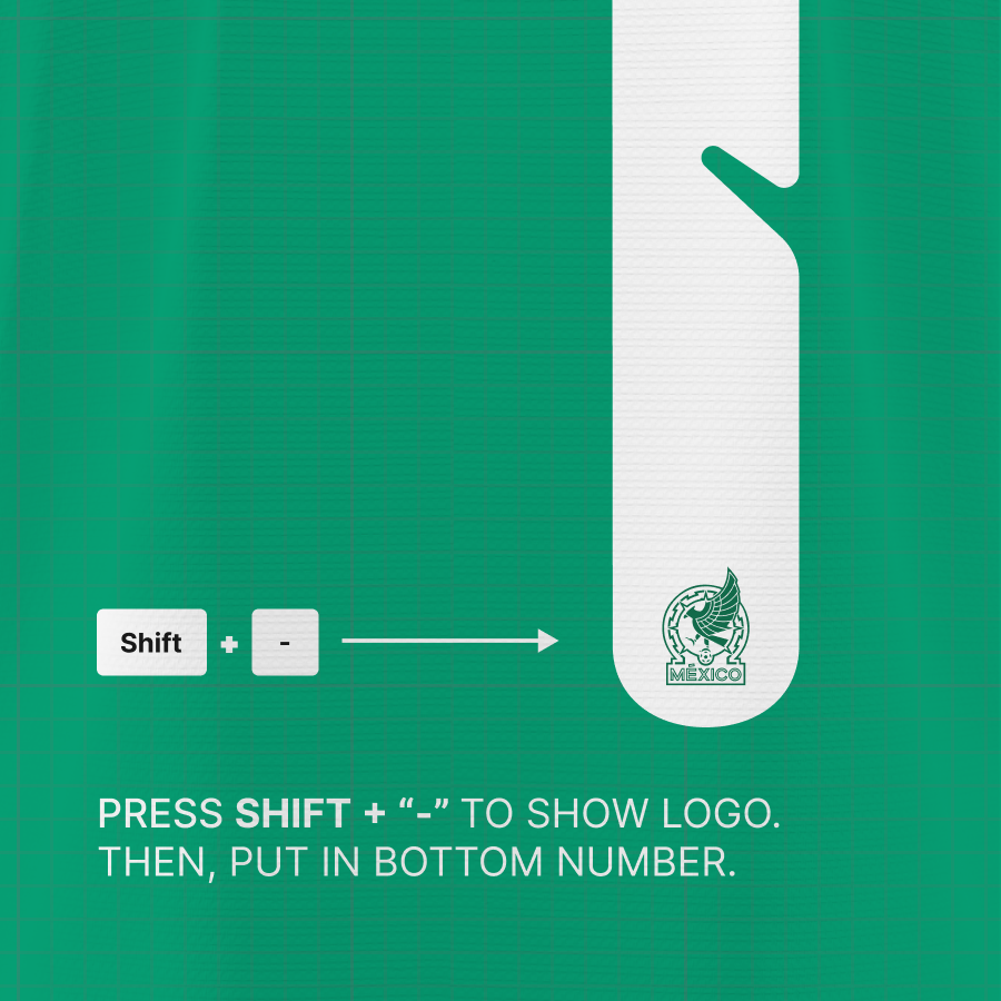 Mexico 2026 Font logo feature – press Shift and hyphen to display official crest at the bottom of jersey numbers.