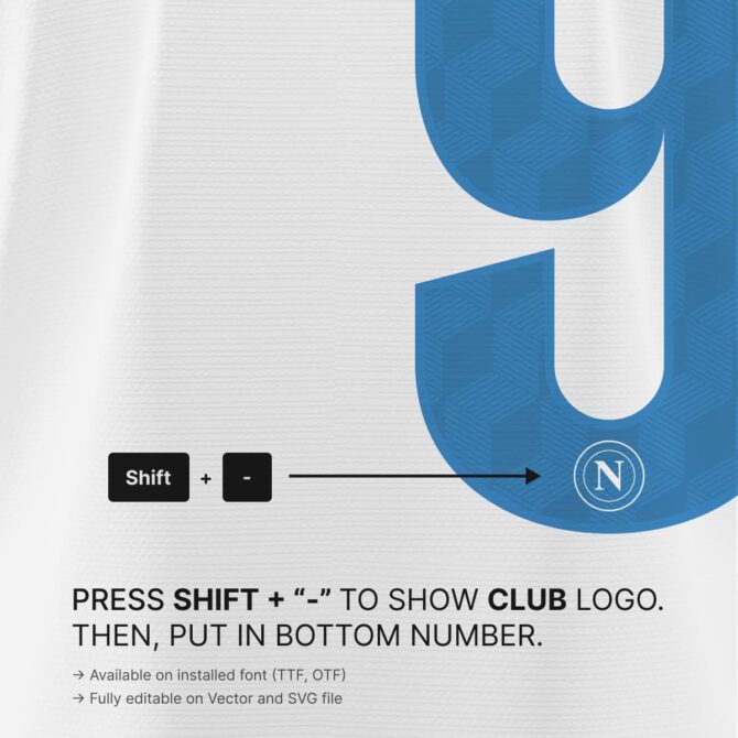 Napoli UCL 2025/2026 Font Kit with embedded club crest logo detail on patterned jersey numbers – SVG and Vector format