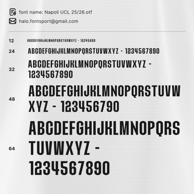 Napoli UCL 2025/2026 UEFA Champion League jersey typeface sample preview in different sizes with OTF and TTF font files.