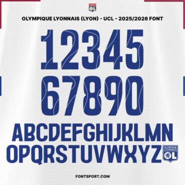 Olympique Lyonnais UCL 2025/2026 Font Kit full alphabet and numbers preview with unique patterned typeface for UEFA Champion League jerseys