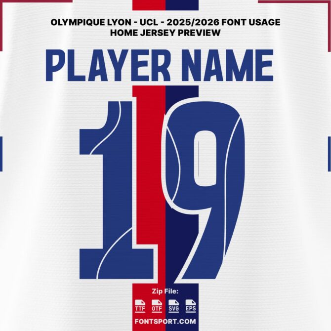 Olympique Lyonnais UCL 2025/2026 Home Jersey Font Kit with patterned number design on official stripe red-blue and white jersey – authentic UEFA Champion League typeface