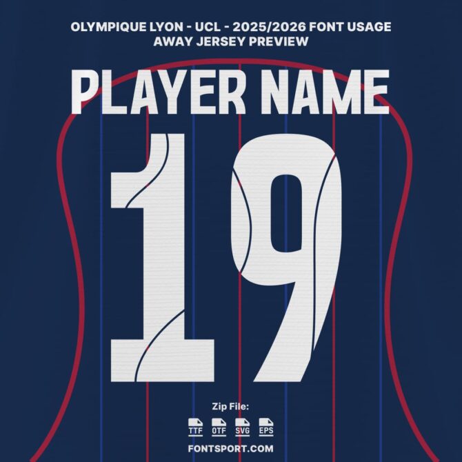 Olympique Lyonnais UCL 2025/2026 Away Jersey Font Kit with patterned number design on official stripe-light red-blue and dark blue jersey – authentic UEFA Champion League typeface