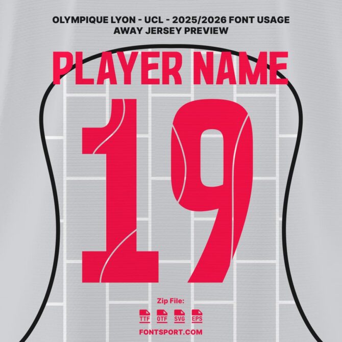 Olympique Lyonnais UCL 2025/2026 Away Jersey Font Kit with patterned pink number design on official grey jersey – authentic UEFA Champion League typeface