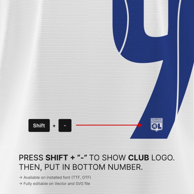olympique lyonnais UCL 2025/2026 Font Kit with embedded club crest logo detail on patterned jersey numbers – SVG and Vector format
