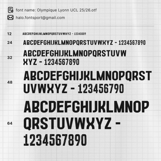 olympique lyonnais UCL 2025/2026 UEFA Champion League jersey typeface sample preview in different sizes with OTF and TTF font files.