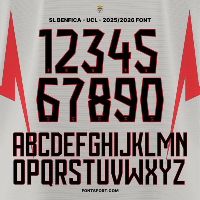 SL Benfica Away UCL 2025/2026 Font Kit full alphabet and numbers preview with unique patterned typeface for UEFA Champion League jerseys