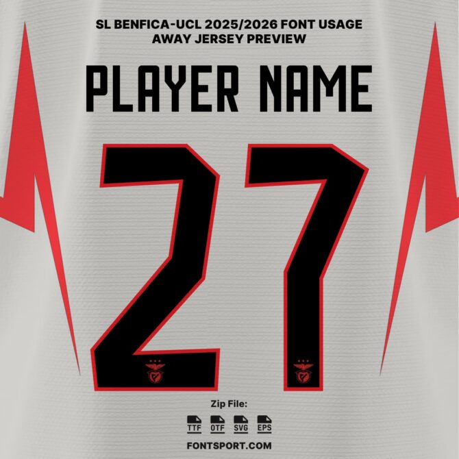 SL Benfica Away UCL 2025/2026 Jersey Font Kit with patterned number design on official Cream and Red jersey – authentic UEFA Champion League typeface