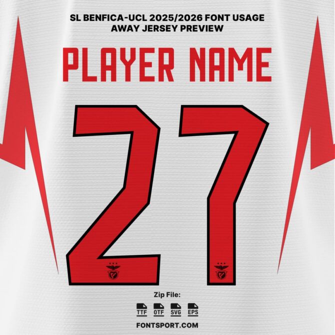 SL Benfica Away UCL 2025/2026 Jersey Font Kit with patterned number design on official Cream and Red jersey – authentic UEFA Champion League typeface