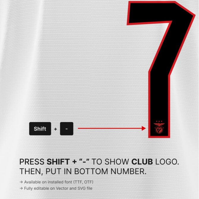 SL Benfica Away UCL 2025/2026 Font Kit with embedded club crest logo detail on patterned jersey numbers – SVG and Vector format