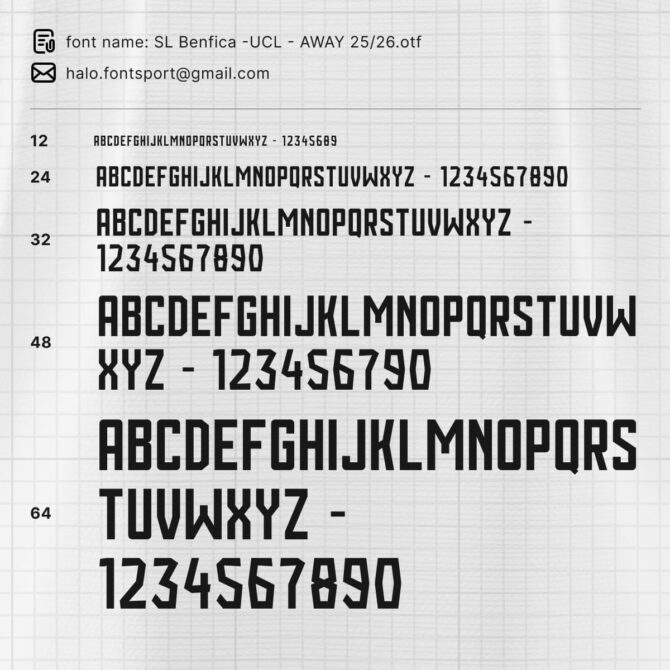 SL Benfica Away UCL 2025/2026 UEFA Champion League jersey typeface sample preview in different sizes with OTF and TTF font files.