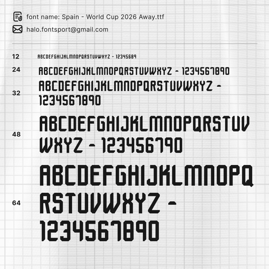 Spain World Cup Away 2026 Typeface – Character and Number Samples in Multiple Sizes
