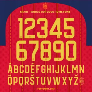 Spain World Cup 2026 Home Font – full alphabet and numbers with crest logo detail, official La Roja typeface design