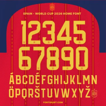 Spain World Cup 2026 Home Font – full alphabet and numbers with crest logo detail, official La Roja typeface design