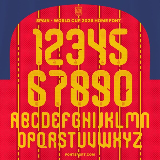 Spain World Cup 2026 Home Font Kit full alphabet and numbers preview with unique patterned typeface for World Cup 2026 event