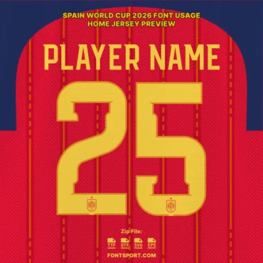 Spain 2026 World Cup home jersey font preview – player name and number design in authentic Spain typeface.