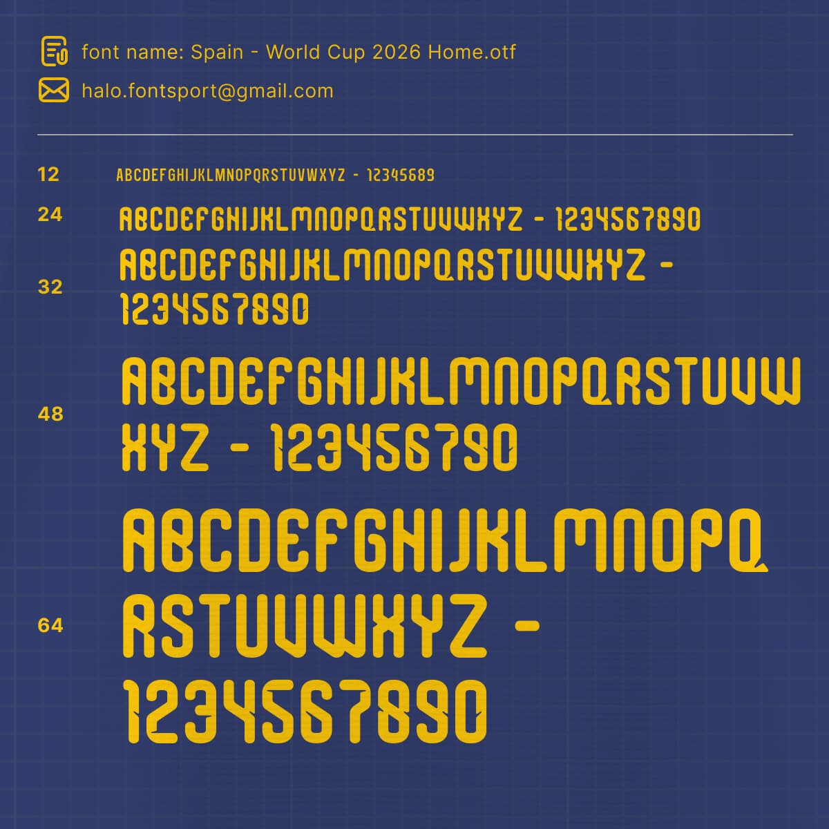 Spain World Cup Home 2026 jersey typeface sample preview in different sizes with OTF and TTF font files.