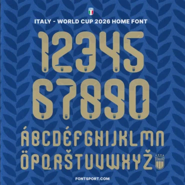 Italy World Cup 2026 Home Font – official jersey number and alphabet design in gold on blue background