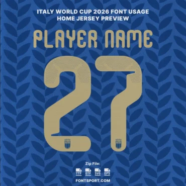 Italy 2026 World Cup home jersey font preview – player name and number 27 in authentic Italy font for FIFA World Cup kit