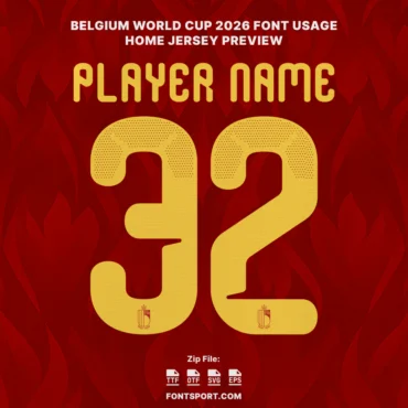 Belgium World Cup 2026 Home Font – Official jersey numbers and alphabet design, authentic Belgium font for FIFA World Cup kits.