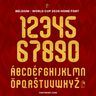 Belgium 2026 Font for Jersey – Player name and number preview using official Belgium World Cup Home typeface design.