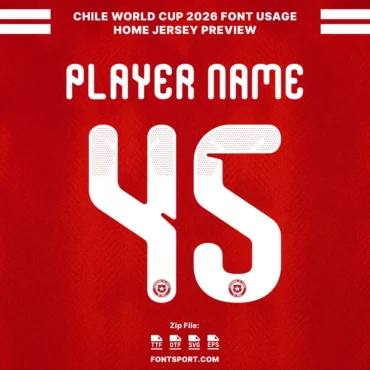 Chile 2026 Font for Jersey – Player name and number 45 preview using pattern red home jersey and typeface Chile for World Cup 2026 design.