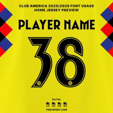 Club América 2025/2026 home jersey font preview showing player name and number style, official America font for jersey with OTF, TTF, SVG, EPS formats.