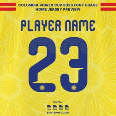 Columbia 2026 Font for Jersey – Player name and number 23 preview using pattern flower Yellow home jersey and typeface Columbia for World Cup 2026 design.