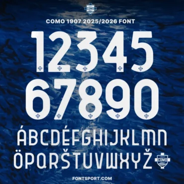 Como 1907 2025/2026 Font full alphabet and numbers preview – official Serie A typeface for Como home and away jerseys, available in OTF, TTF, and Vector formats.